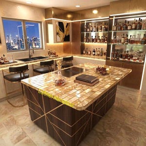 Opulent Golden Mother of Pearl Shell Countertop – Handcrafted Luxury Mosaics – Bespoke Brick Pattern