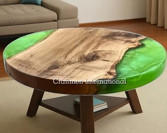 Handmade Green Epoxy River Coffee Table: Wood Center Table