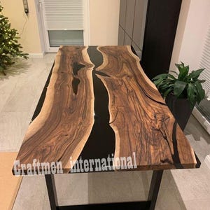 Handmade Walnut Epoxy Dining Table: Black Resin River Table