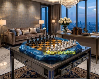 Natural agate Stone Chess Board Set | Luxury blue Gemstone Chessboard with Hand-Carved Pieces