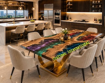 Mesa con tablero de madera de borde natural multicolor, mesa de comedor personalizada con resina epoxi, mueble único