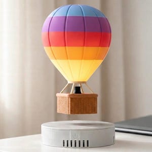 May include: A colorful hot air balloon lamp with a rainbow design, hovering above a white base. The balloon features bands of blue, purple, red, orange, and yellow. The basket is a woven brown material.