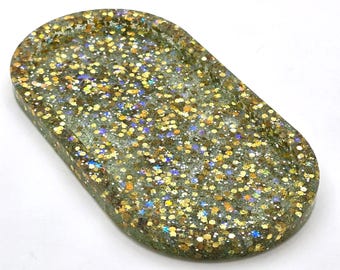 Handmade Resin Oval Trinket Tray Gold Holographic Glitter Jewelry Dish 7.75"