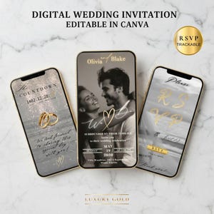 Può includere: Tre smartphone che mostrano inviti di nozze digitali. Il telefono centrale mostra una coppia con il testo "Olivia & Blake". Gli altri telefoni mostrano i dettagli del conto alla rovescia e RSVP. Gli inviti sono modificabili in Canva.