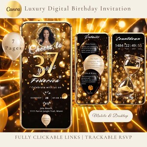 Può includere: Un modello di invito digitale per compleanno visualizzato su tre schermi mobili con un tema nero e oro, una palla da discoteca, palloncini e una clessidra. Il testo include Cheers to 37 years, Federica, July 28 2030 e dettagli.