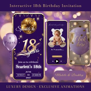 Può includere: Un invito interattivo per il 18° compleanno visualizzato su tre schermi di smartphone con un tema viola e oro. Il design presenta una palla da discoteca dorata, una foto di un bambino, un palloncino viola con il testo 8 Pages e calici di champagne.