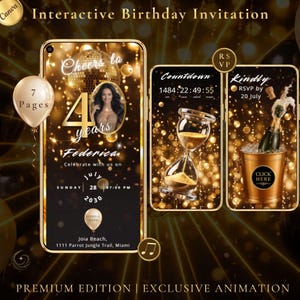 Può includere: Un modello di invito di compleanno digitale interattivo con tema nero e oro, caratterizzato da una palla da discoteca, una clessidra e un secchiello per champagne. Il design include testo per un 40° compleanno, dettagli evento e countdown.
