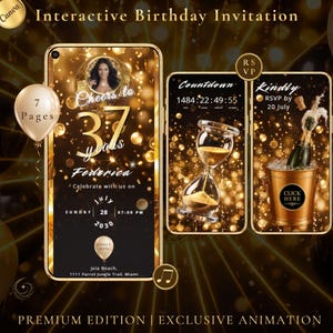 Può includere: Un modello di invito di compleanno digitale interattivo con un tema nero e oro e luci scintillanti. Il design include tre schermi di telefoni cellulari che mostrano i dettagli dell'evento, un conto alla rovescia con una clessidra e un secchiello.