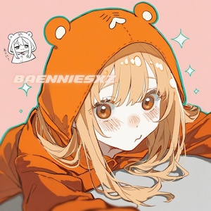 May include: Anime-style illustration of a person wearing an orange bear hoodie. The character has light brown hair and large brown eyes. The hoodie has bear ears and the text "BAENNIESXZ" is visible. The background is a light pink color.