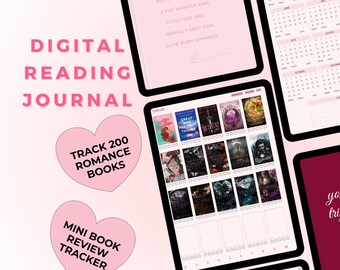 Diario digital de 200 reseñas de libros en rosa / Registro interactivo de lectura en PDF / Registro de lectura digital para libros románticos / Diseño rosa / Romance