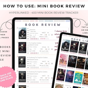 May include: A digital book review tracker displayed on two tablet screens. The left screen shows a list of book reviews with titles, authors, and star ratings. The right screen displays a library grid of book covers with star rating icons below.