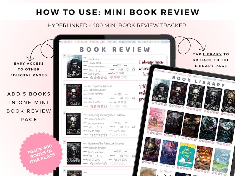 May include: A digital book review tracker displayed on two tablet screens. The left screen shows a list of book reviews with titles, authors, and star ratings. The right screen displays a library grid of book covers with star rating icons below.