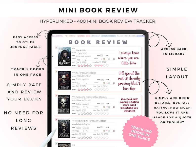 May include: A digital tablet displaying a mini book review tracker template with the text MINI BOOK REVIEW and HYPERLINKED - 400 MINI BOOK REVIEW TRACKER. The interface features rows for book titles, authors, dates, ratings, and quote sections.
