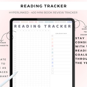 May include: A digital reading tracker displayed on a tablet screen, featuring a grid for 400 book reviews, a color key with pastel icons, and navigation tabs. The interface includes the text READING TRACKER and HYPERLINKED - 400 MINI BOOK REVIEW TRACKER.