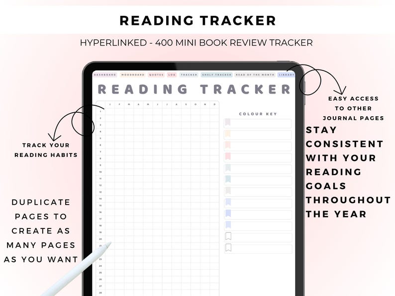 May include: A digital reading tracker displayed on a tablet screen, featuring a grid for 400 book reviews, a color key with pastel icons, and navigation tabs. The interface includes the text READING TRACKER and HYPERLINKED - 400 MINI BOOK REVIEW TRACKER.