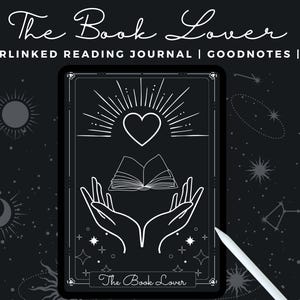 以下が含まれることがあります： 「The Book Lover」というテキストと、本、ハート、手のスタイリッシュな画像が描かれた白黒のデジタルプランナー。GoodNotesとiPadで使用するように設計されています。