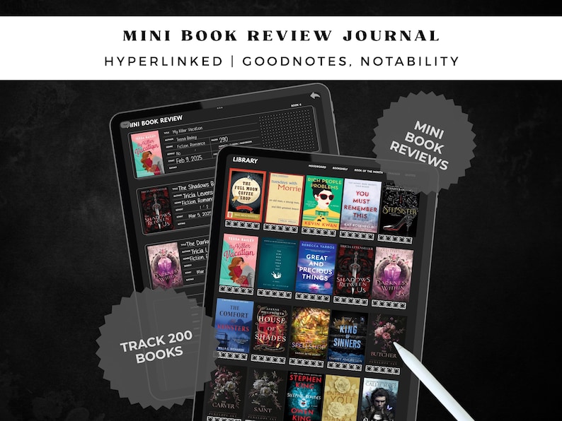 May include: A digital mini book review journal for Goodnotes and Notability featuring a library interface with book covers and a tracking capacity for 200 books. The interface displays text including MINI BOOK REVIEW JOURNAL and TRACK 200 BOOKS.