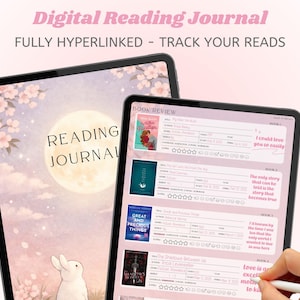 以下が含まれることがあります： デジタル読書ジャーナルを表示する2つのデジタルタブレット。1つのタブレットはウサギと花の模様の表紙を表示し、もう1つは本のレビューページを表示します。上部のテキストは「Digital Reading Journal - Fully Hyperlinked - Track Your Reads」と表示されています。