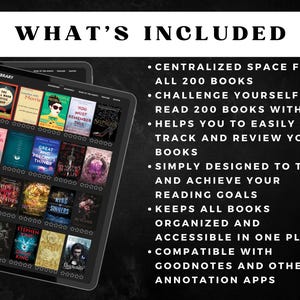 May include: A digital library interface displayed on a tablet, showcasing book covers in a grid layout. The screen displays the text "WHAT'S INCLUDED" and bullet points detailing features like tracking and reviewing books, and compatibility with Goodnotes.