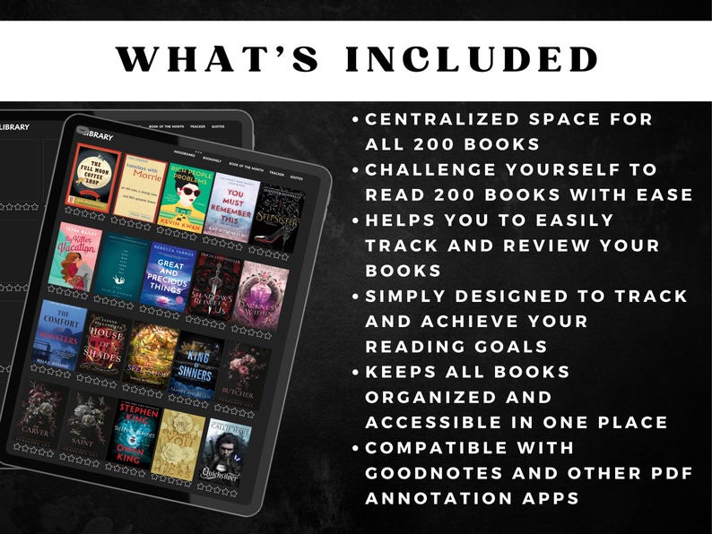 May include: A digital library interface displayed on a tablet, showcasing book covers in a grid layout. The screen displays the text "WHAT'S INCLUDED" and bullet points detailing features like tracking and reviewing books, and compatibility with Goodnotes.