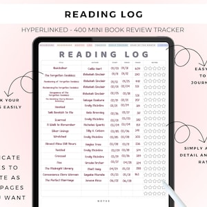 May include: A digital tablet displaying a reading log template titled READING LOG, featuring columns for title, author, start date, finish date, pages, and a star rating system for 400 book entries, with navigation tabs at the top of the screen.
