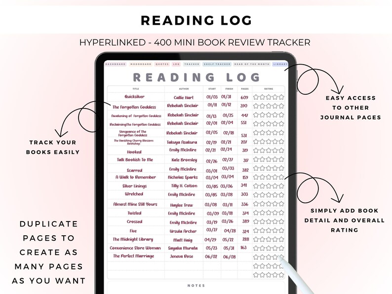 May include: A digital tablet displaying a reading log template titled READING LOG, featuring columns for title, author, start date, finish date, pages, and a star rating system for 400 book entries, with navigation tabs at the top of the screen.