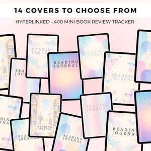 May include: A digital collection of 14 reading journal covers featuring various pastel designs, including butterflies, clouds, and library scenes. Each cover displays the text READING JOURNAL and the title 14 COVERS TO CHOOSE FROM.