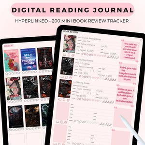 Digital loggbok med 200 minibokrecensioner i rosa | Interaktiv PDF-bokspårning | Digital läslogg för romantiska böcker | Rosa design | Romantik