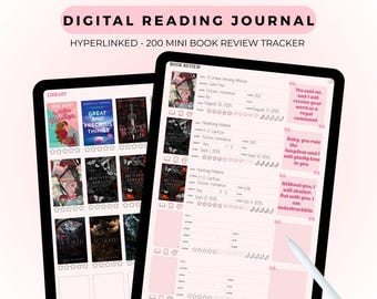 Diario digital de 200 reseñas de libros en rosa / Registro interactivo de lectura en PDF / Registro de lectura digital para libros románticos / Diseño rosa / Romance