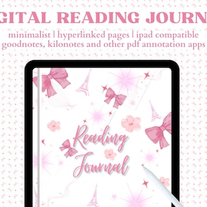 Op de afbeelding: Een digitale leesdagboek sjabloon met een roze en wit ontwerp. De sjabloon bevat een roze strik, sterren en de Eiffeltoren. De tekst "Reading Journal" is geschreven in roze cursief.