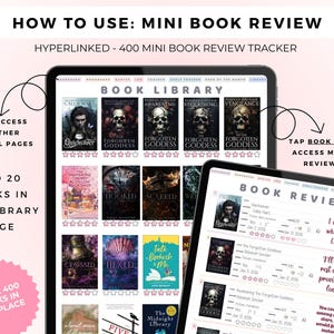 May include: A digital book review tracker displayed on two tablets. The screen shows a book library with multiple book covers and a book review page with text fields for ratings and notes. Text includes HOW TO USE: MINI BOOK REVIEW and 400 MINI BOOK REVIEW TRACKER.