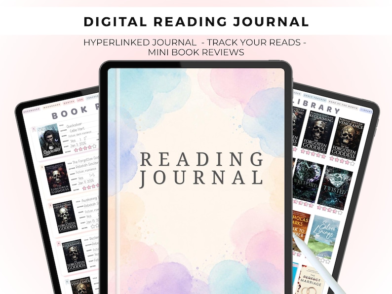 May include: A digital reading journal displayed on three tablet screens. The central screen features a watercolor cover with the text READING JOURNAL. The side screens show book review lists and a library grid with book covers and star ratings.
