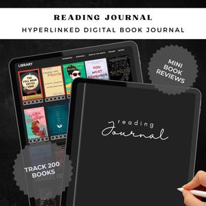 May include: A digital reading journal displayed on a tablet screen, featuring a library interface with book covers, navigation tabs, and the text Reading Journal, Mini Book Reviews, and Track 200 Books on a dark background.