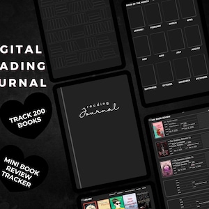 May include: Digital reading journal on a black background. The journal includes sections for tracking books, mini book reviews, and favorite quotes. The text "reading journal" is written in cursive. The journal is designed to track 200 books.