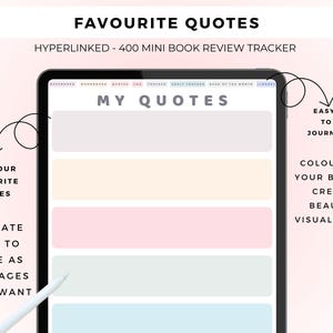 May include: A digital tablet displaying a book review tracker page titled MY QUOTES. The interface features a navigation bar with tabs and five horizontal rectangular fields in light gray, peach, pink, mint green, and light blue for text entry.