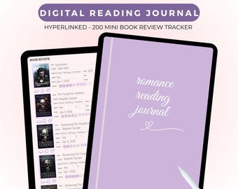 Diario digital con 200 minirreseñas de libros en color morado / Rastreador de lectura interactivo en PDF / Registro de lectura digital para libros románticos / Morado / Romance