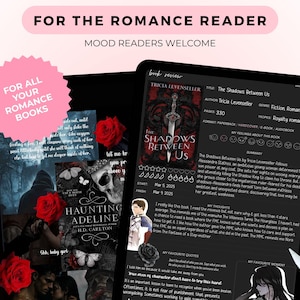 Könnte beinhalten: Ein digitales Tablet mit einer Buchbesprechung für "The Shadows Between Us" von Tricia Levenseller, mit einem Cover mit einem Schwert. Das Bild enthält ein rosa Banner mit dem Text "For the Romance Reader" und einen rosa Stern mit "For All Your Romance Books".