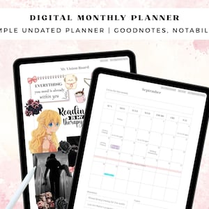 Puede incluir: Dos planificadores mensuales digitales en tabletas. Uno muestra un tablero de visión con el texto "Everything you need is already within you" y "Reading is my therapy". El otro muestra un calendario de septiembre.