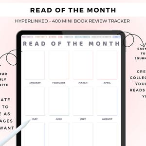 May include: A digital tablet displaying a Read of the Month book review tracker template. The screen features a grid layout with labeled months from January to August, empty rectangular boxes for book covers, and a top navigation bar with tabs.