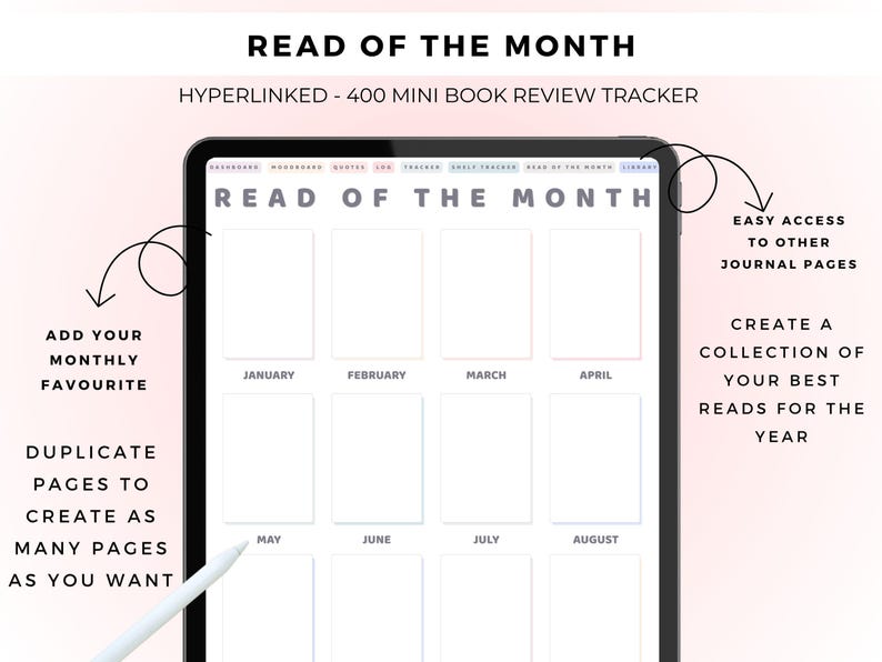 May include: A digital tablet displaying a Read of the Month book review tracker template. The screen features a grid layout with labeled months from January to August, empty rectangular boxes for book covers, and a top navigation bar with tabs.