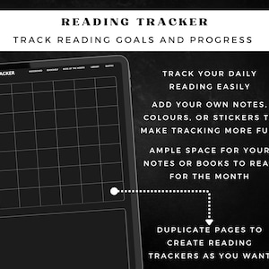 May include: A digital reading tracker on a tablet, featuring a grid layout for tracking reading goals and progress. The screen displays the words "Reading Tracker" and instructions to track daily reading, add notes, and duplicate pages.