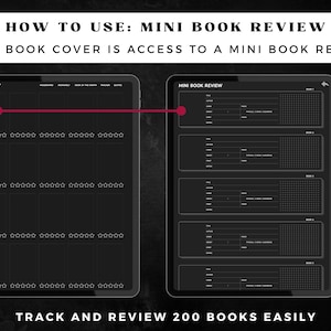 May include: A digital book review template on a tablet, with the text "HOW TO USE: MINI BOOK REVIEW" and "TRACK AND REVIEW 200 BOOKS EASILY". The template features sections for book reviews and a library section with star ratings.