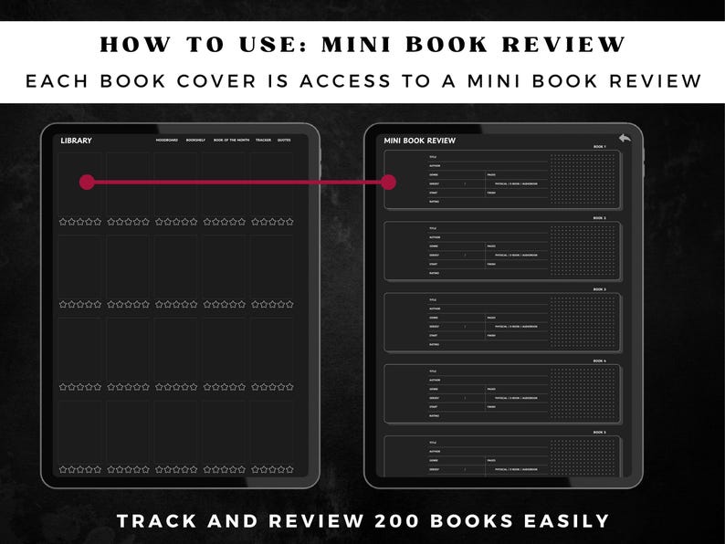 May include: A digital book review template on a tablet, with the text "HOW TO USE: MINI BOOK REVIEW" and "TRACK AND REVIEW 200 BOOKS EASILY". The template features sections for book reviews and a library section with star ratings.