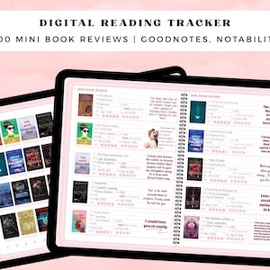 May include: Digital reading tracker displayed on two tablets. The screens show a digital planner with book covers, review sections, and quotes. Text on the screen includes "200 Mini Book Reviews" and "Goodnotes, Notability."