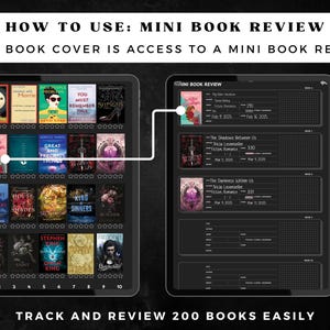 May include: A digital book review app interface on a tablet. The app displays book covers and review details. The text reads, "How to Use: Mini Book Review" and "Track and Review 200 Books Easily."