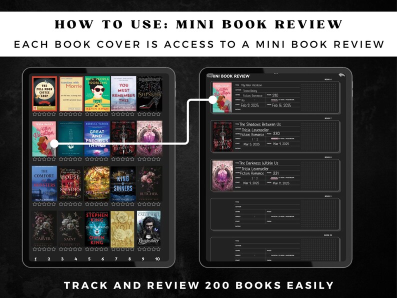 May include: A digital book review app interface on a tablet. The app displays book covers and review details. The text reads, "How to Use: Mini Book Review" and "Track and Review 200 Books Easily."