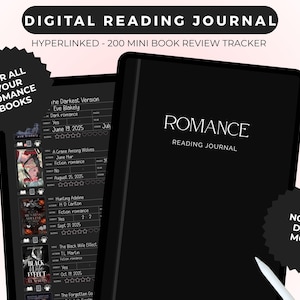 May include: A digital reading journal with the text "ROMANCE READING JOURNAL" on the cover. The journal is black and features a dark mode option. The screen displays book reviews and the text "FOR ALL YOUR ROMANCE BOOKS".