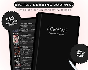 Diario digital con 200 reseñas de libros en rosa / Registro interactivo de lectura en PDF / Registro de lectura digital para novelas románticas / Modo oscuro / Romance