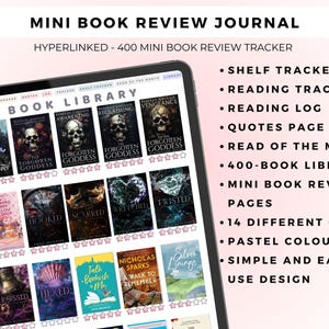 May include: A digital tablet displaying a Mini Book Review Journal with a Book Library interface. The screen shows rows of book covers with star ratings, navigation tabs, and a list of features including a shelf tracker, reading log, and quotes page.