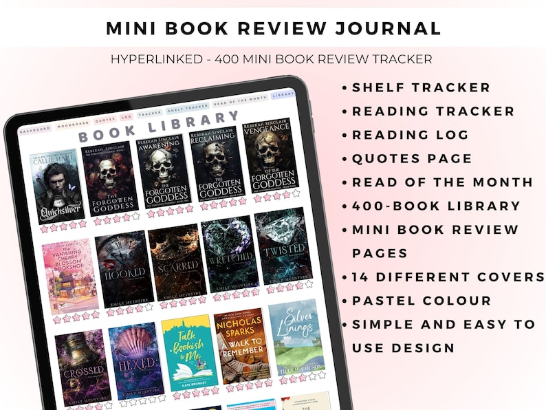 May include: A digital tablet displaying a Mini Book Review Journal with a Book Library interface. The screen shows rows of book covers with star ratings, navigation tabs, and a list of features including a shelf tracker, reading log, and quotes page.